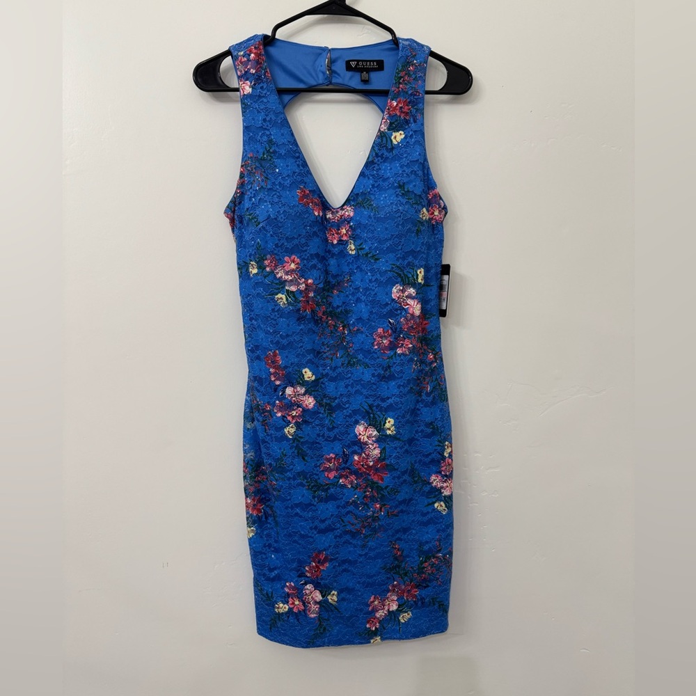 GUESS Womens Blue Floral Sleeveless V Neck Short Body Con Party Dress Size: 10